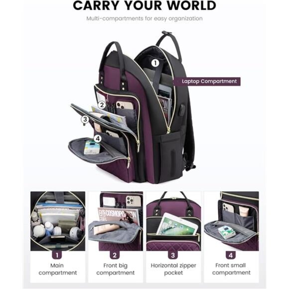 Laptop Backpack Purse for Women, 15.6" Laptop Bag for Travel with USB - Picture 3 of 7